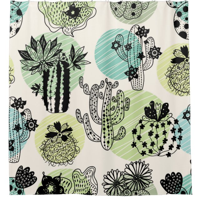 Cute blooming cactuses. Hand drawn seamless patter Shower Curtain (Front)