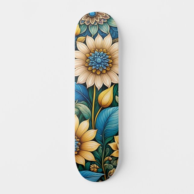 Cute Blue Abstract Sunflower Design Wide Street  Skateboard (Front)
