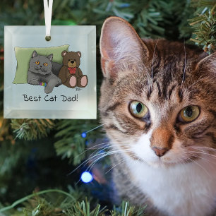 Cute Blue Adorable Grey Best Cat Dad Father’s Day Glass Tree Decoration