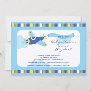 Cute Blue Aeroplane Boy Baby Shower Invitation