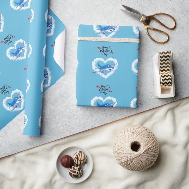 Cute Blue Aeroplane & Clouds, Kids Valentine's Day Wrapping Paper (Crafts)