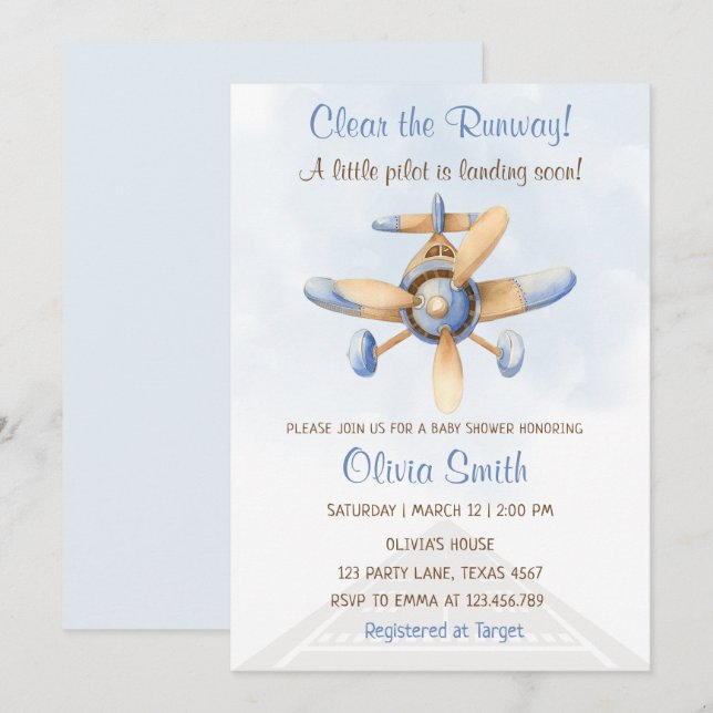 Cute Blue Aeroplane Runway Pilot Baby Shower Invitation (Front/Back)