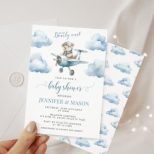 Cute blue aeroplane teddy bear baby boy shower invitation