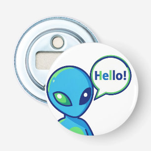 Cute Blue Alien Saying Hello Bottle Opener