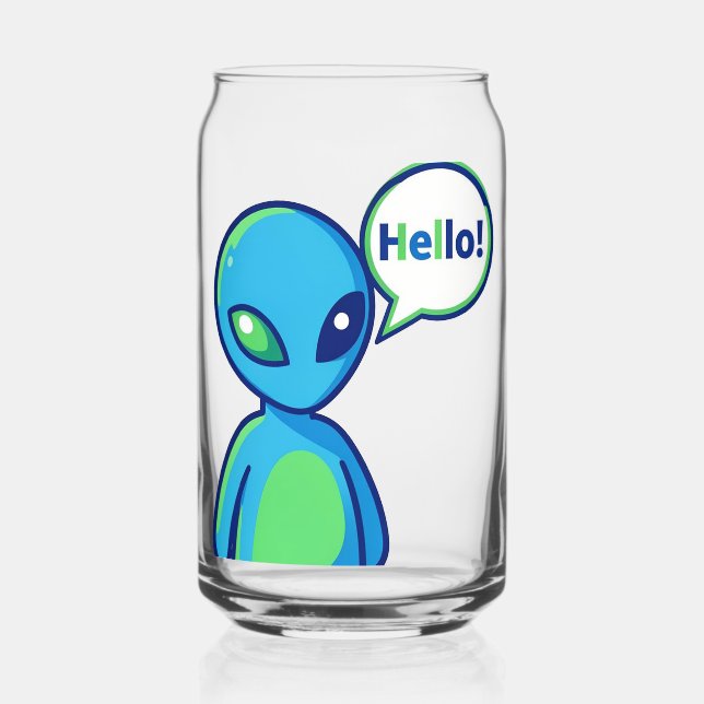 Cute Blue Alien Saying Hello Can Glass (Back)
