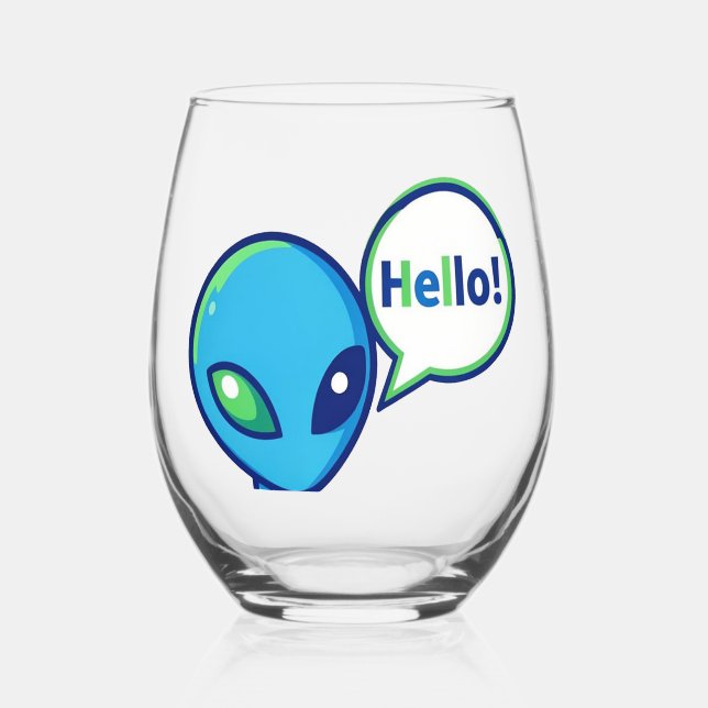 Cute Blue Alien Saying Hello Can Glass (Back)