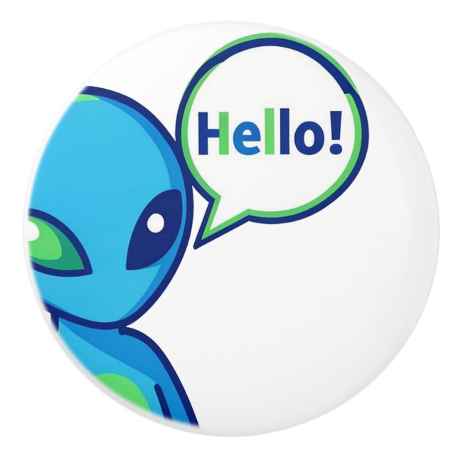 Cute Blue Alien Saying Hello Ceramic Knob (Front)