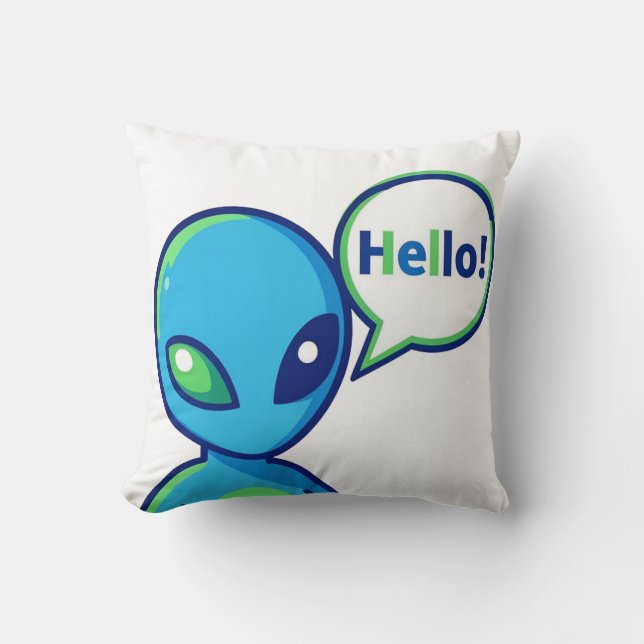 Cute Blue Alien Saying Hello Cushion (Front)