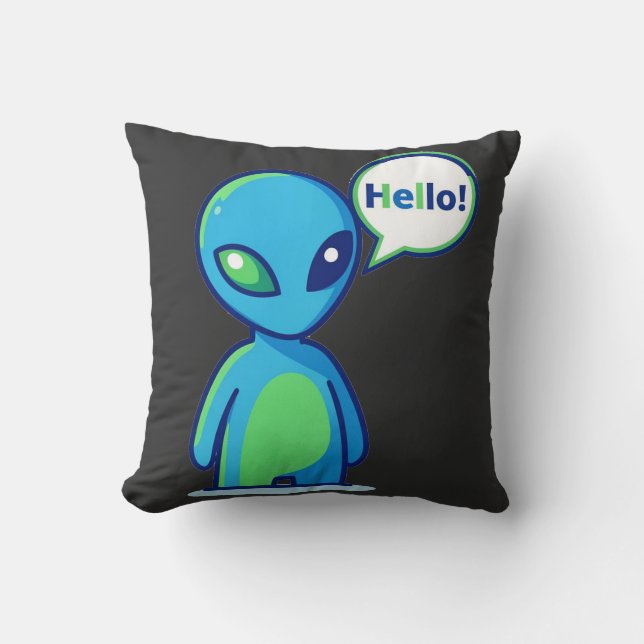 Cute Blue Alien Saying Hello Cushion (Front)