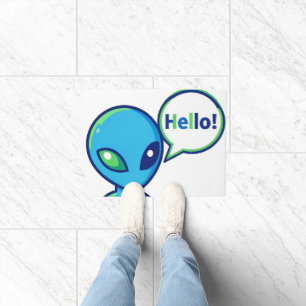 Cute Blue Alien Saying Hello Doormat