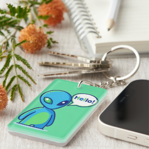 Cute Blue Alien Saying Hello Key Ring