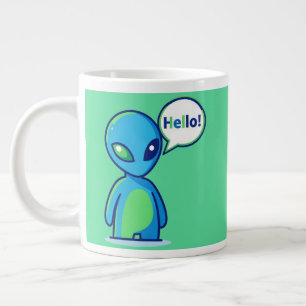 Cute Blue Alien Saying Hello Large Coffee Mug