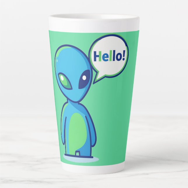 Cute Blue Alien Saying Hello Latte Mug (Front)