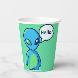Cute Blue Alien Saying Hello Paper Cups
