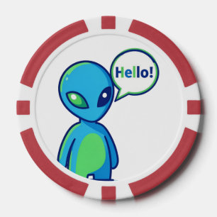 Cute Blue Alien Saying Hello Poker Chips