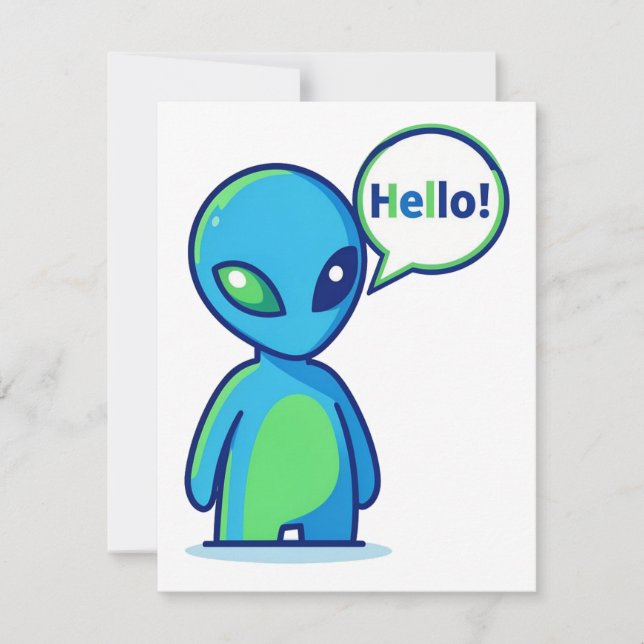 Cute Blue Alien Saying Hello RSVP Card (Front)