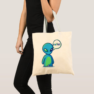 Cute Blue Alien Saying Hello Tote Bag