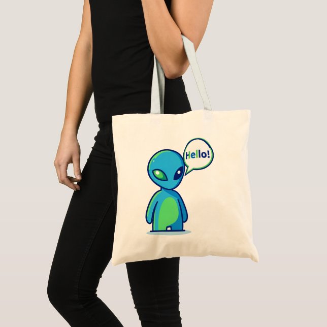 Cute Blue Alien Saying Hello Tote Bag (Front (Product))