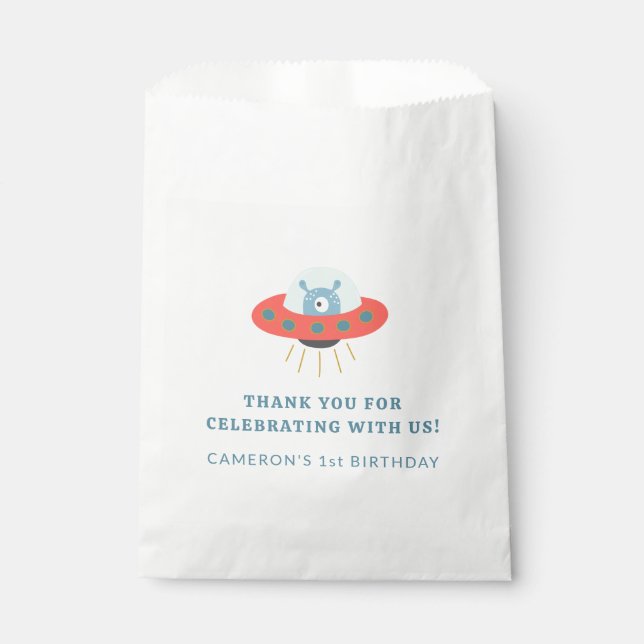 Cute Blue Alien Spaceship 1st Birthday Custom Favour Bags (Front)