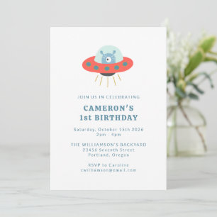 Cute Blue Alien Spaceship 1st Birthday Party Invitation