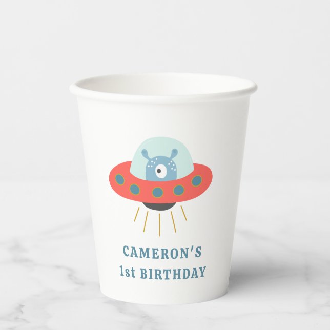 Cute Blue Alien Spaceship 1st Birthday Party  Paper Cups (Front)
