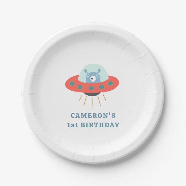 Cute Blue Alien Spaceship 1st Birthday Party Paper Plate (Front)