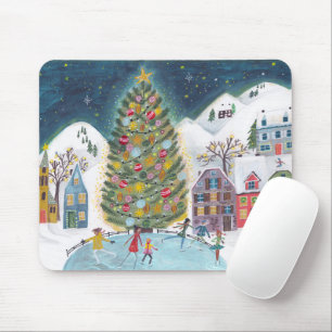 Cute blue Alpine ski lodge skating Christmas Mouse Mat