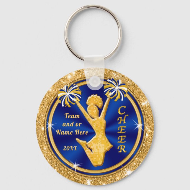 Cute Blue and Gold Cheer Team Gifts, PERSONALIZED Key Ring (Front)