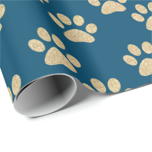 Cute Blue and Gold Glitter Paw Prints Pet Lovers Wrapping Paper