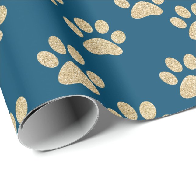 Cute Blue and Gold Glitter Paw Prints Pet Lovers Wrapping Paper (Roll Corner)