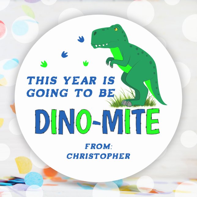 Cute Blue and Green Dinosaur Back To School  Classic Round Sticker (Cute Blue and Green Dinosaur Back To School Classic Round Sticker)
