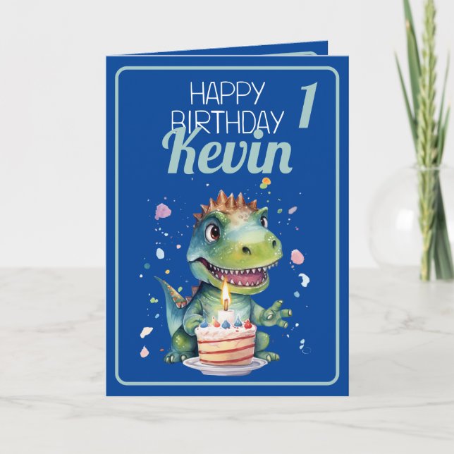Cute Blue and Green Dinosaur Boy 1st Birthday Card (Front)