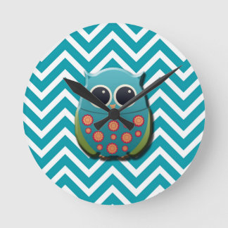 Cute Blue and Green Owl on Blue and White Chevron Round Clock