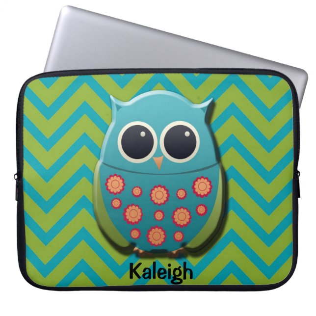 Cute Blue and Green Owl on Chevron Laptop Sleeve (Front)