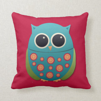Cute Blue and Green Owl on Red Pillow