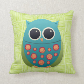 Cute Blue and Green Owl Red on Light Green Pillow