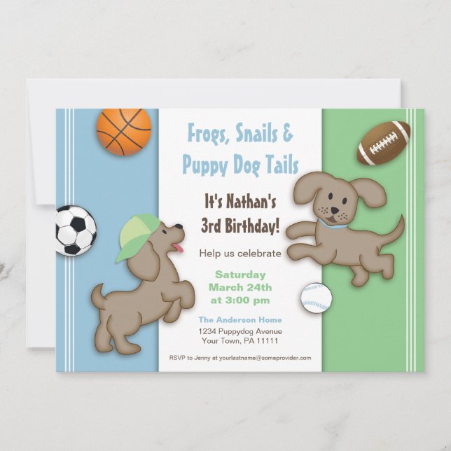 Cute Blue and Green Sporty Puppy Invitation (Front)