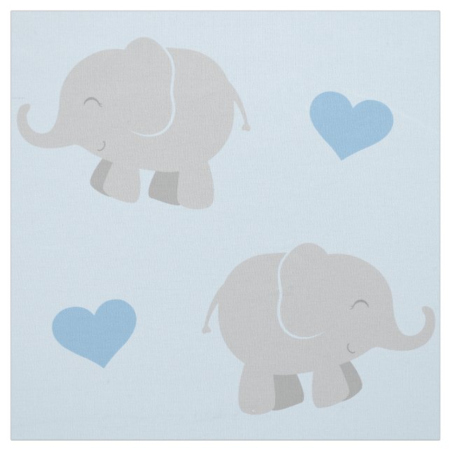 Cute Blue and Grey Elephants and Hearts Pattern Fabric (Swatch)