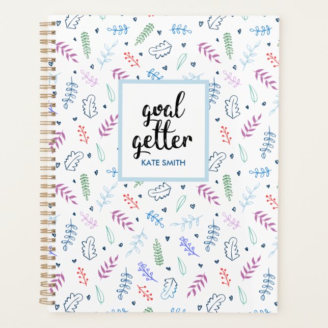 Cute Blue and Leaves Pattern with Hearts Planner (Front)