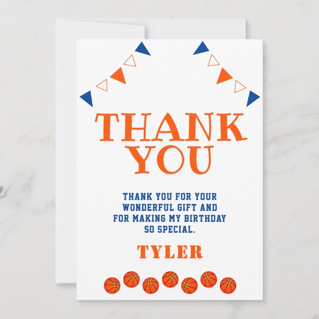Cute Blue and Orange Sports Basketball Birthday Thank You Card (Front)