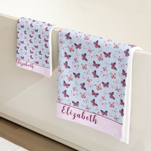 Cute Blue and Pink Butterfly Custom Name Girly Bath Towel Set
