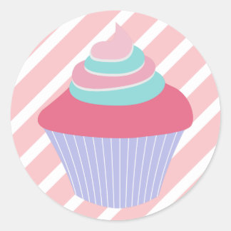 Cute Blue and Pink Cupcake with Stripes Classic Round Sticker