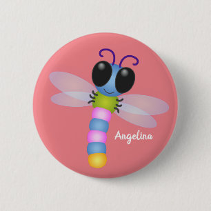 Cute blue and pink dragonfly cartoon illustration 6 cm round badge