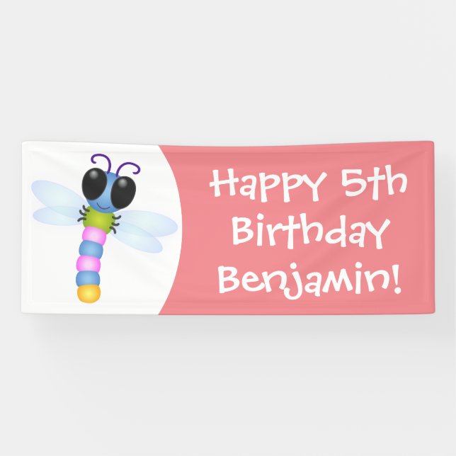 Cute blue and pink dragonfly cartoon illustration banner (Horizontal)