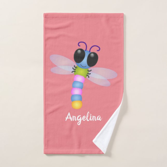 Cute blue and pink dragonfly cartoon illustration bath towel set (Hand Towel)