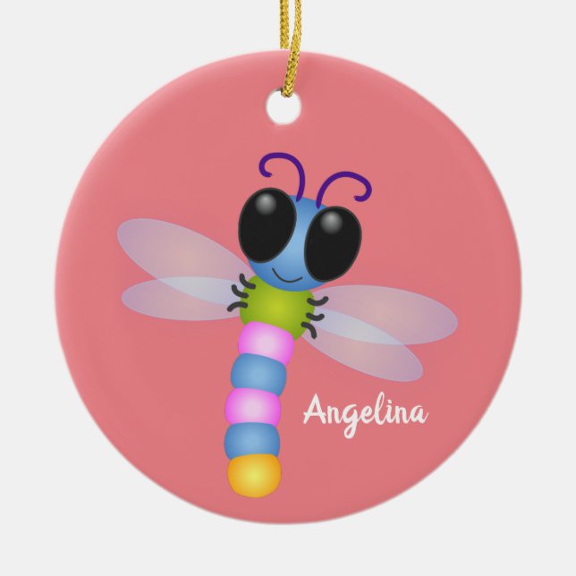 Cute blue and pink dragonfly cartoon illustration ceramic tree decoration (Front)