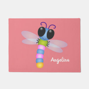 Cute blue and pink dragonfly cartoon illustration doormat