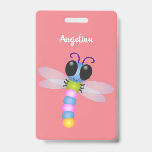 Cute blue and pink dragonfly cartoon illustration ID badge