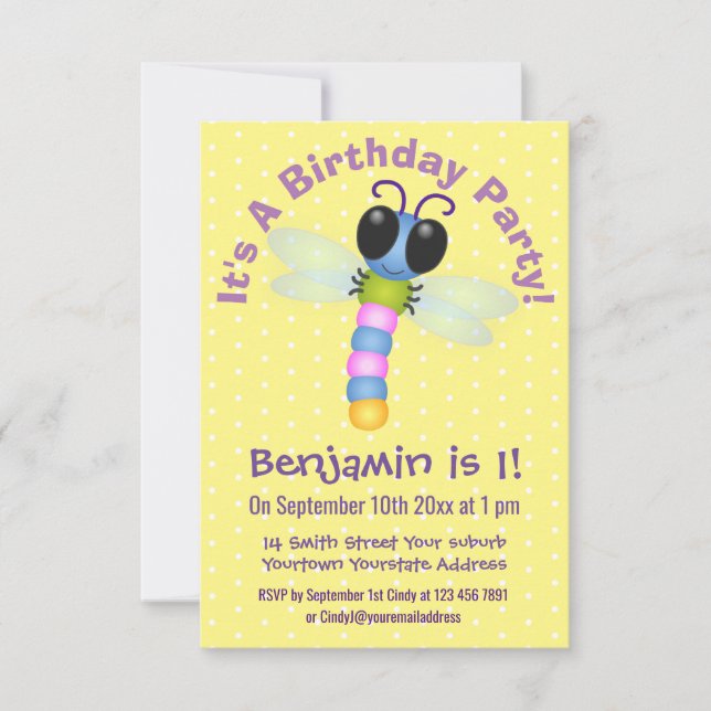 Cute blue and pink dragonfly cartoon illustration invitation (Front)
