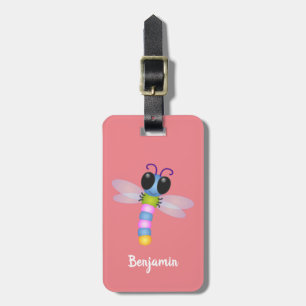 Cute blue and pink dragonfly cartoon illustration luggage tag